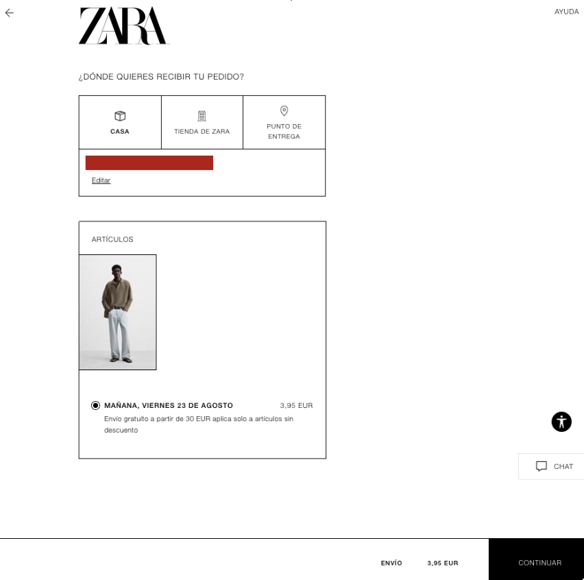 buena práctica del checkout de la tienda online de zara