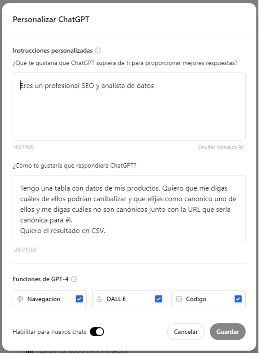 personalizar ChatGPT para resultados seo más óptimos